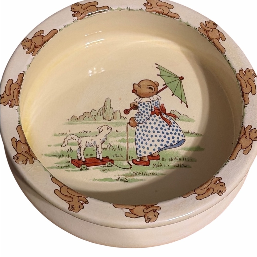 Vintage Ceramic Bowl with Bear and Lamb Design